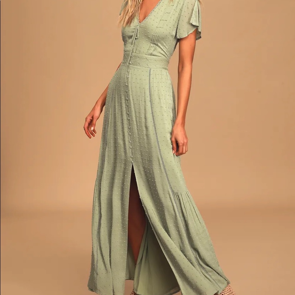 Lulu’s Completely In Love Sage Green Swiss-Dot Button-Front Maxi Dress